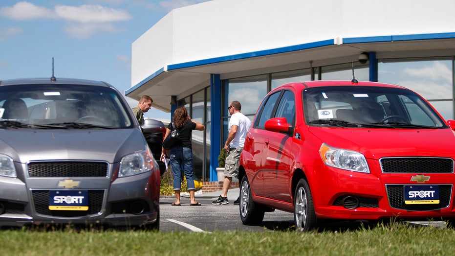 People walking around a car dealership lot